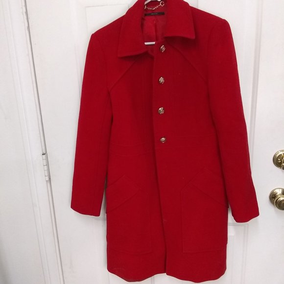 Gucci Red Dress Coat Women Gold Button Down 100% Wool Size 44 Excellent Shape - Picture 1 of 16